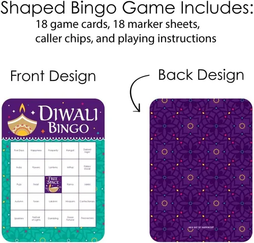 Vista 3 de Big Dot of Happiness Happy Diwali - Tarjetas de bingo y marcadores - Festival de luces - Juego de bingo para fiesta - Juego de 18