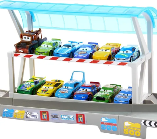 Vista 4 de Mattel Disney Pixar Cars Ultimate Florida Speedway Track Set con auto Lightning McQueen y refuerzo motorizado, 5 pies de largo, regalo de juguete