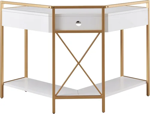 Vista 6 de Leick Home 9230-WTGL Claudette - Escritorio de oficina con esquina de metal y madera mixta con cajón frontal para teclado, blanco/dorado satinado