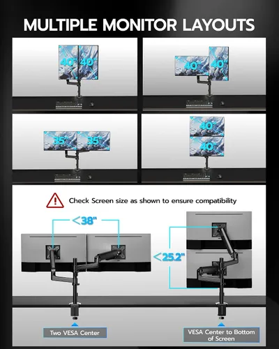 Vista 9 de ARES WING Soporte para Monitor Dual - Brazo de Monitor Ultraancho para Pantalla Curva de Servicio Pesado de 17 a 40 Pulgadas hasta 26.4 libras