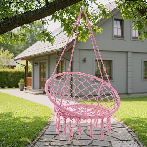 Vista 15 de Garpans Hamaca de macramé, estilo bohemio, hamaca con borlas, columpio colgante hecha a mano, cuerda de algodón tejida a mano para interiores y Beige