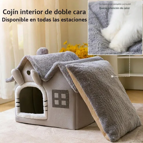Vista 4 de Casa de Perro de Interior de Lujo con Doble Techo para Gatos, Caseta Plegable Cálida y Suave, Esponja de Memoria de Alta Elasticidad 30D, Cojín