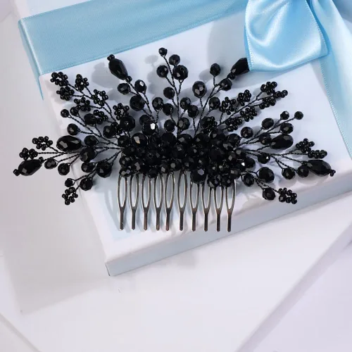 Vista 4 de Missgrace Mujeres nupcial boda hecho a mano cristales negros lado pelo peine ocasión especial tocado negro mujeres accesorios para el cabello