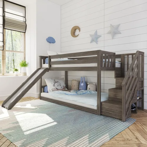 Vista 14 de Max & Lily - Litera baja, base de cama individual sobre individual para niños con escalera al final, color gris