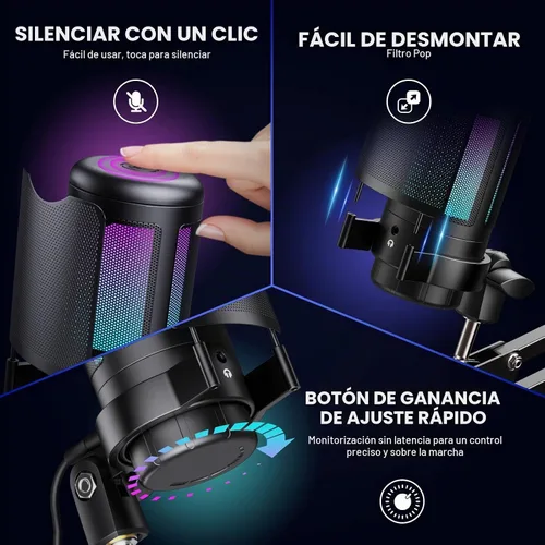 Vista 3 de Kit de micrófono USB para juegos, micrófono de condensador RGB con silencio, ganancia, soporte de brazo ajustable para monitoreo, filtro pop