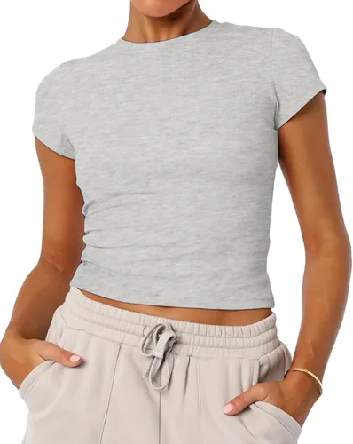 Vista 19 de Camisetas básicas de manga corta con cuello redondo para mujer de verano Y2K, lindas para salir, camisetas estilo bebé Azul ceniza