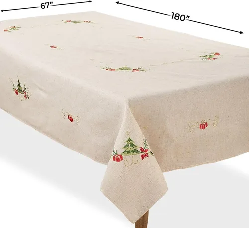 Vista 2 de SARO LIFESTYLE Mantel bordado de mezcla de lino con diseño de árbol de Navidad, natural, 67 x 180 pulgadas
