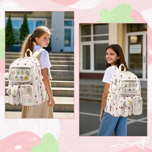 Vista 7 de Mochila escolar para niñas y niños, mochila escolar para primaria, resistente al agua, mochila escolar para adolescentes, Fresa Beige, Tamaño único