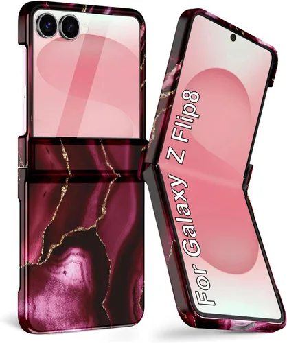Vista 25 de Btscase Funda para Samsung Galaxy Z Flip 6, protector de pantalla frontal integrado, patrón de mármol dorado con purpurina de policarbonato duro
