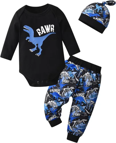 Vista 28 de Conjunto de 3 piezas de ropa de bebé recién nacido con estampado de manga larga + pantalones + sombrero