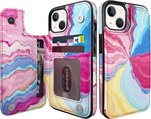 Vista 7 de Funda tipo cartera para iPhone 13 y 14 con soporte para tarjetas, funda trasera de piel sintética, con ranuras para tarjetas, doble cierre
