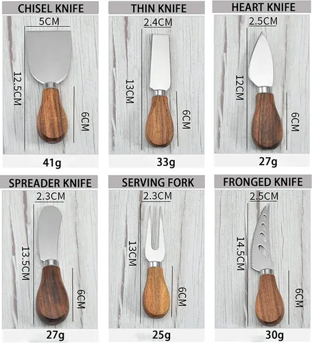Vista 8 de Cuchillos de queso con cortador de queso, tenedor de queso, cuchillo para untar queso para tablas de embutidos y cubiertos, juego de 6 cuchillos