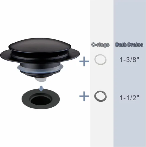 Vista 4 de Tapón de Desagüe de Bañera Negro Mate, Hidrop Tapón de Desagüe Universal Pop Up Tip Toe para Bañera, Se Ajusta de 1.375 a 1.5 Pulgadas, Reemplaza