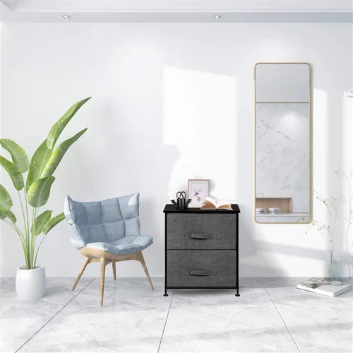 Vista 9 de Mueble de mesa de noche con 2 cajones, torre de almacenamiento de mesa auxiliar, marco de acero resistente, parte superior de madera, cubos de tela