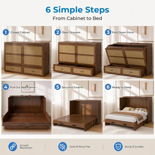 Vista 8 de Mjkone Murphy - Cama de gabinete con colchón de tres pliegues, Queen, nogal negro