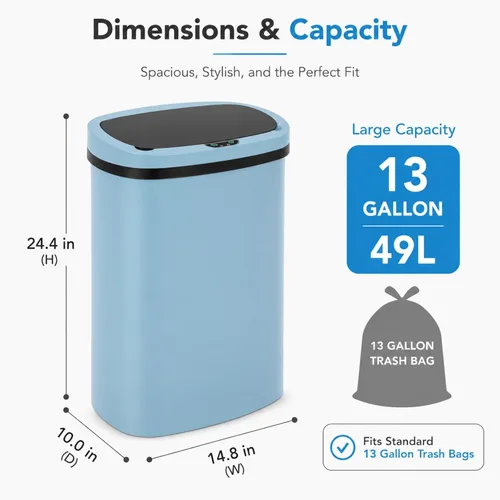 Vista 3 de Cubo de basura de cocina de 13 galones con tapa, cubo de basura automático sin contacto para cocina, cubo de basura de plástico PP con sensor de Azul
