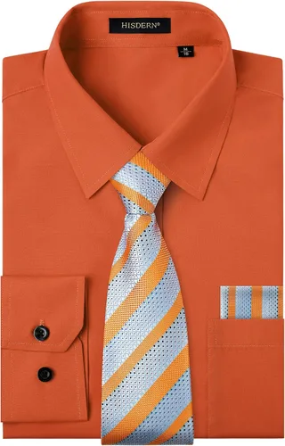 Vista 38 de HISDERN Mens Dress Shirt with Tie Pocket Square Set Classic Button Down Shirt Matching Tie Long Sleeve Shirts 08-verde
