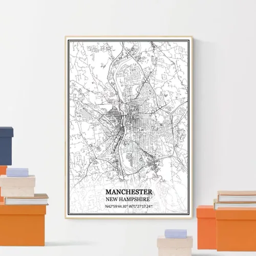 Vista 4 de TANOKCRS Manchester New Hampshire USA - Póster impreso en lienzo con diseño de mapa de Estados Unidos, sin marco, moderno, en blanco y negro, regalo
