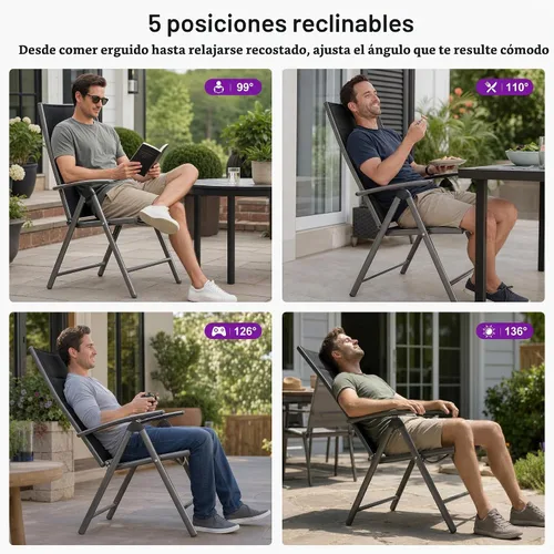 Vista 4 de PURPLE LEAF Juego de 2 sillas plegables para exteriores, asiento acolchado Negro