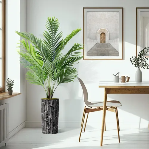 Vista 6 de Árbol artificial con diseño de hojas blancas y negras, palmera tropical areca artificial de seda para decoración del hogar en interiores y Diseño