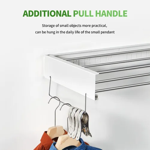 Vista 4 de Heshecein - Tendedero plegable para colgar en la pared, 5 varillas de acero inoxidable, estante plegable para ropa y toallas para interiores