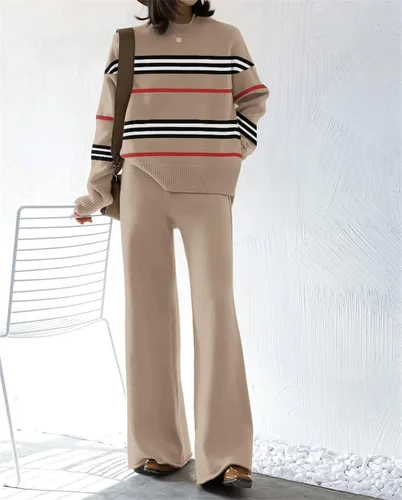 Vista 2 de ETCYY NEW Conjunto de sudadera de punto para mujer de 2 piezas con suéter y pantalón de pierna ancha