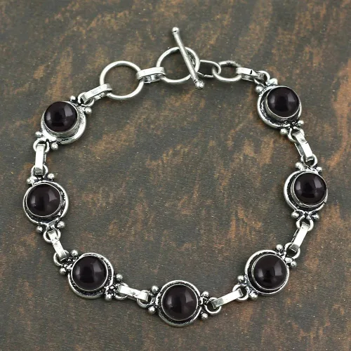 Vista 10 de Round Shape Natural & Synthetic Gemstones Silver Plated Bracelets for Women - Vintage Bohemian Style Handmade Birthstone Adjustable Link Bracelet
