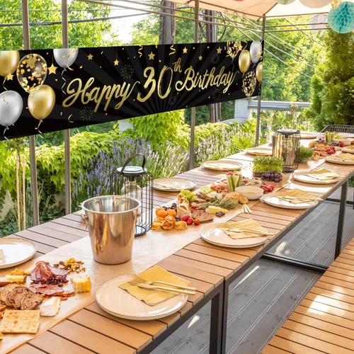 Vista 6 de Cartel de feliz cumpleaños 30 para hombres y mujeres, letrero de 30 años de edad de oro y negro con purpurina, suministros de decoración de fiesta