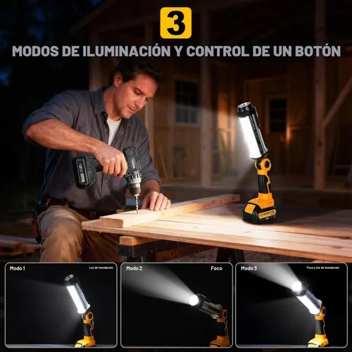 Vista 4 de DTEZTECH Luz de trabajo LED para batería Dewalt de 14.4 V-20 V Max, linterna inalámbrica multifuncional de 2000 lm para exteriores, 25 W, adecuada