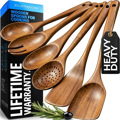 Vista 10 de Zulay Kitchen Juego de 5 cucharas de madera extragrandes - Utensilios de cocina de teca lisa - Cucharón, espátula, espumadera, tenedor, cuchara