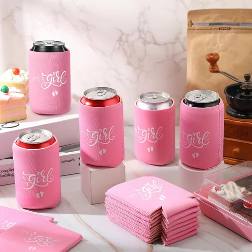 Vista 4 de Mifoci 50 piezas de decoraciones de baby shower, fundas de cerveza rosas para revelación de género, fundas para latas de fiesta para baby shower