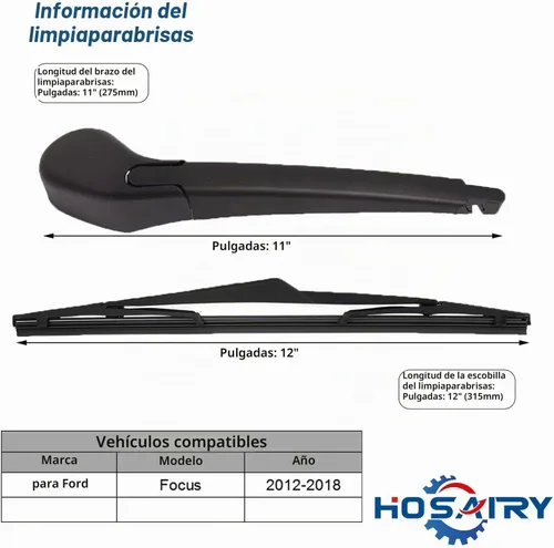Vista 2 de Conjunto de Brazo y Escobilla Limpiaparabrisas Trasero para Ford Focus 2012-2018 hatchback SE ST RS, Conjunto de Brazo y Escobilla Limpiaparabrisas