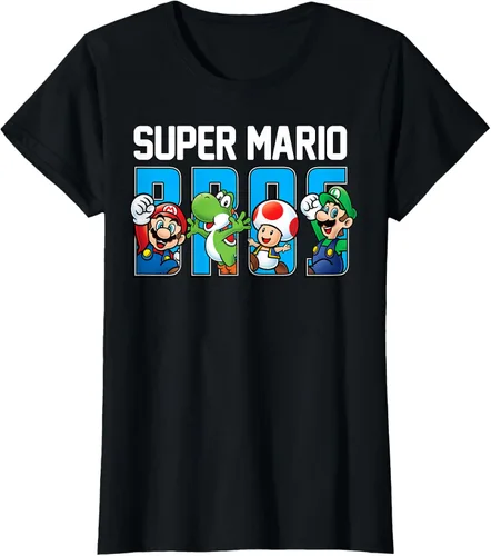 Vista 44 de Super Mario Bros Characters Letter Fill Graphic T-Shirt Camiseta, Negro