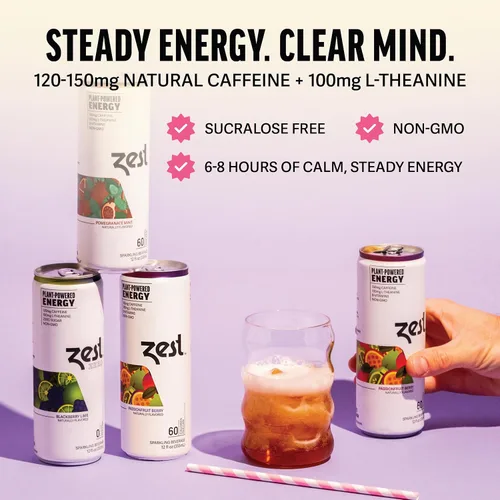 Vista 4 de Zest Paquete variado de bebidas energéticas limpias – 3 sabores – 120-150 mg de cafeína + 100 mg de L-teanina para concentración, energía