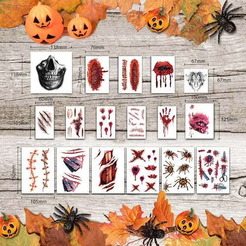 Vista 8 de Adhesivo de tatuaje facial temporal de Halloween, cicatriz de zombi 3D, herida sanguinolenta falsa para fiesta de cosplay, decoración de broma
