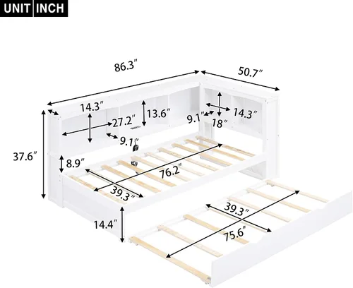 Vista 2 de DEINPPA Sofá cama Twin Captain con nido y puertos USB, marco de cama de plataforma de madera con cabecera en forma de L para niños, adolescentes