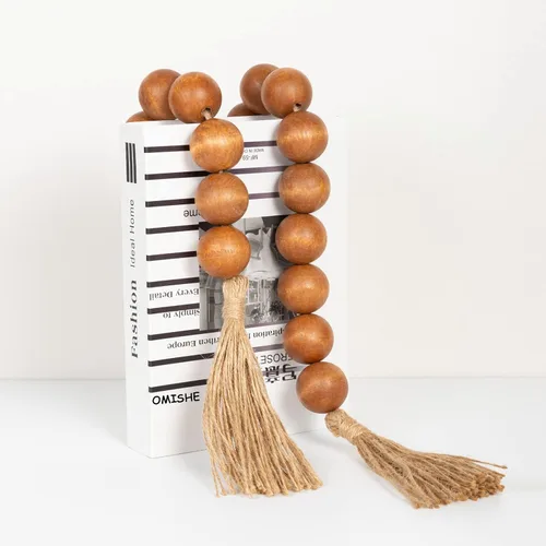 Vista 160 de OMISHE Guirnalda de cuentas de madera extra grande con cuentas de madera y borlas de 1.6 pulgadas de diámetro, cuentas decorativas rústicas de 41