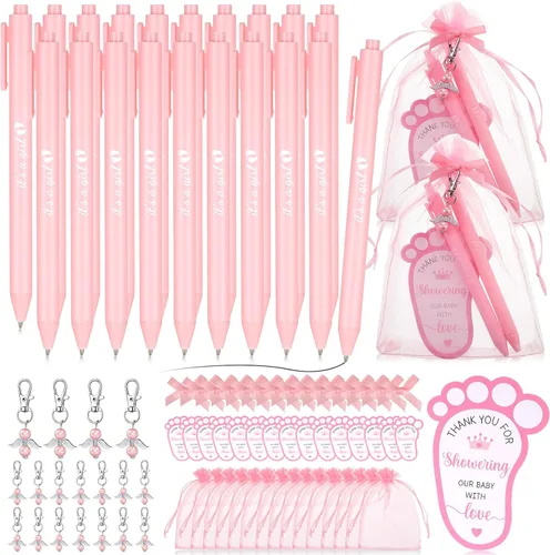 Vista 5 de CTOSREE 250 piezas de recuerdos para bebés, incluye bolígrafos, llaveros de ángel, bolsos, tarjetas para baby shower, revelación de género
