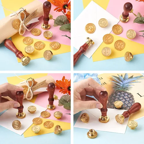 Vista 7 de Elecrelive - Juego de sellos de cera, 12 piezas con diseño de constelaciones, cabezas de sellado con 2 piezas de mango de madera de haya