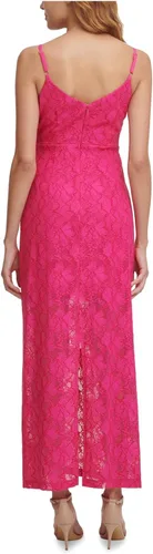 Vista 2 de GUESS Vestido largo de encaje elástico para mujer con cuello en V festoneado EDG, Rosado
