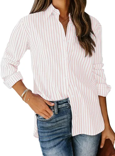 Vista 24 de Siliteelon - Camisas de botones para mujer, camisa de vestir a rayas de algodón, de manga larga, cuello con solapa, para oficina y trabajo