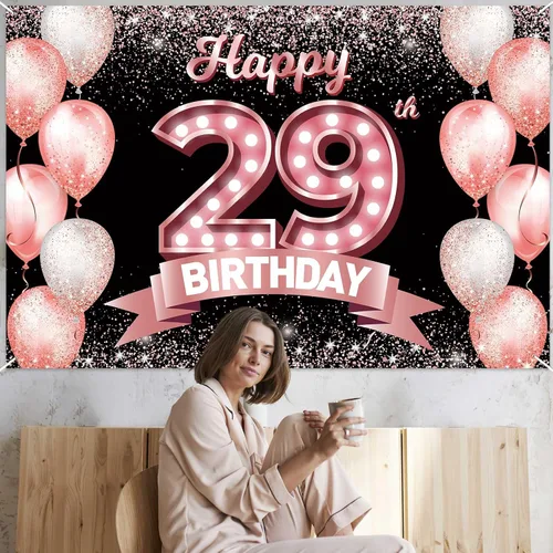 Vista 232 de Cartel de feliz cumpleaños décimo oro rosa, telón de fondo, saludos a 10 años, globos de confeti, decoración temática para niñas de 10 años