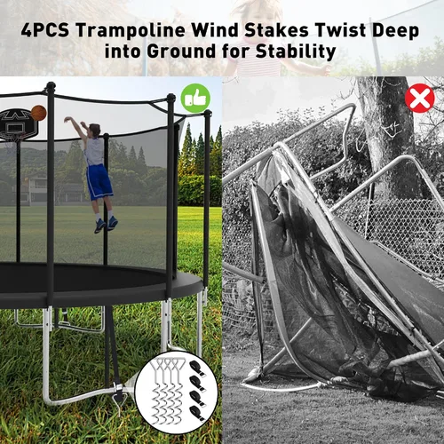Vista 2 de Trampolín de 1500 libras de 8, 10, 12, 14, 15, 16 pies para adultos/niños con red de seguridad, aro de baloncesto, pelota, estacas y escalera