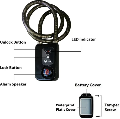 Vista 2 de Candado con cadena de acero trenzado para bicicleta, Bluetooth, Nuvending NuLock
