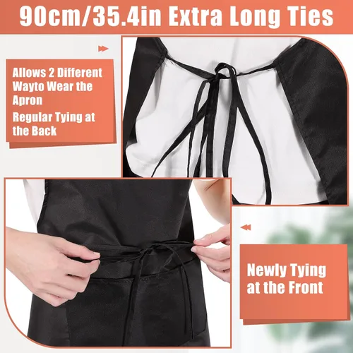 Vista 3 de Paquete de 12 delantales con peto, delantales negros a granel, delantales unisex lisos con 2 bolsillos, delantal negro lavable a máquina