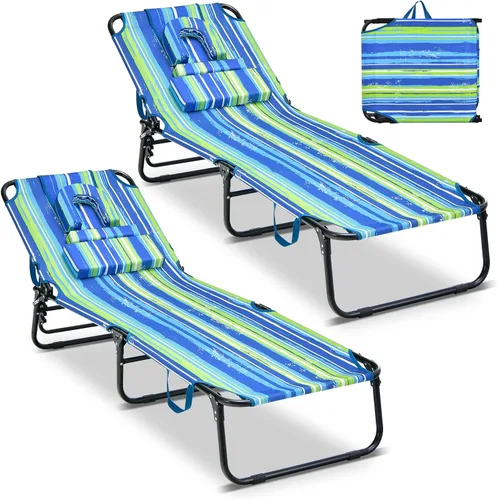 Vista 17 de GYMAX Silla de bronceado, silla de playa de 350 libras con agujero para la cara, almohada lavable y correa de transporte, tumbona plegable