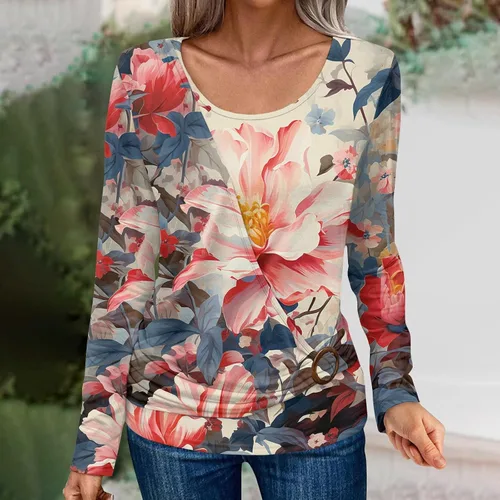 Vista 4 de Costumes for Women Printing Long Sleeve Pullover Tops Fake Two Piece Round Neck T Shirts Fall Winter Outfits