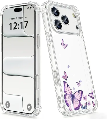 Vista 9 de OOZ Funda de cristal para iPhone 11 Pro (2019) de 5.8 pulgadas, bonita funda protectora transparente, seductor patrón de mariposa morada, suave a