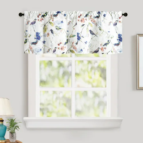 Vista 22 de Leeva - Cortinas pequeñas con estampado de pájaros, 24 pulgadas de largo, conjunto de paneles para ventanas, diseño de estampado de pájaros