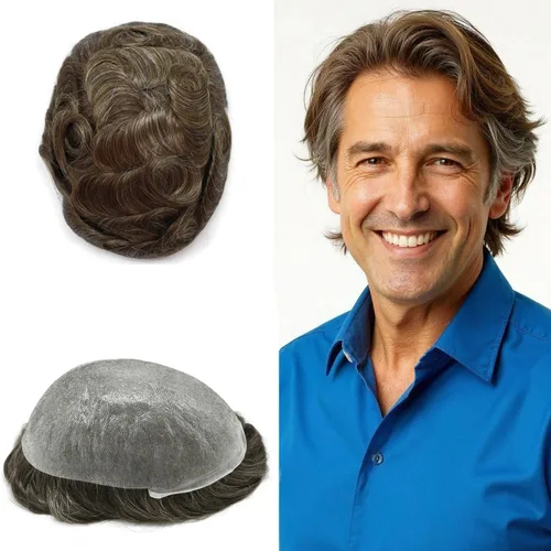 Vista 30 de Toupee - Sistemas de cabello humano para hombre, 0.002 in, piel ultrafina para hombre, tupé en V, polivinílico de poliuretano natural, piezas